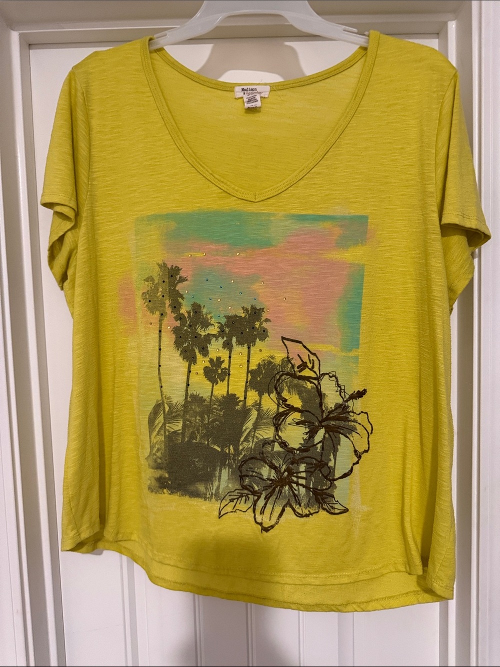 Madison & Berkeley Yellow Palm & Floral V-Neck Tee